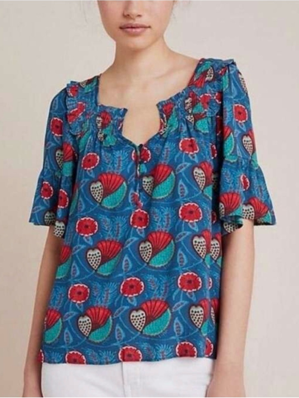 Maeve by Anthropologie Letitia Smocked Floral Print Blouse Teal M